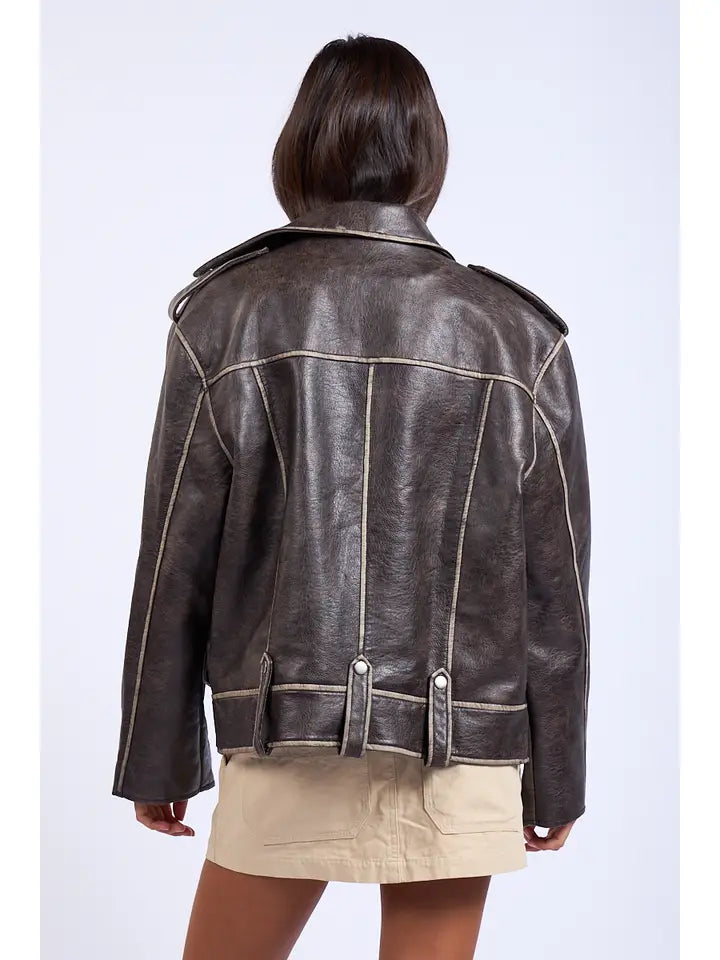 Washed Dark Brown Oversized Leather Jacket
