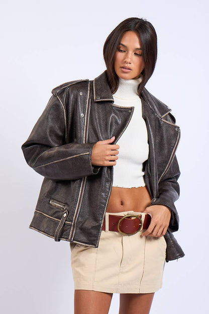Washed Darkbrown Oversized leather Jacket