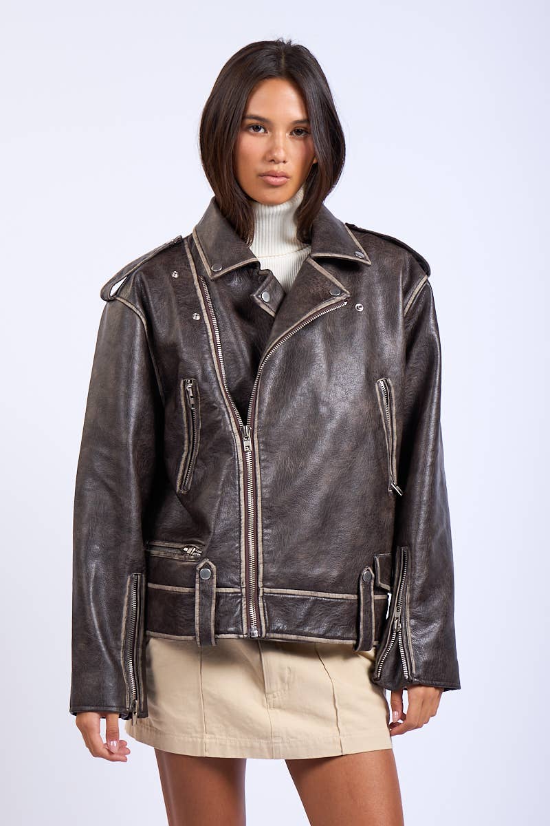 Washed Darkbrown Oversized leather Jacket