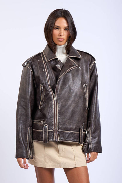 Washed Darkbrown Oversized leather Jacket