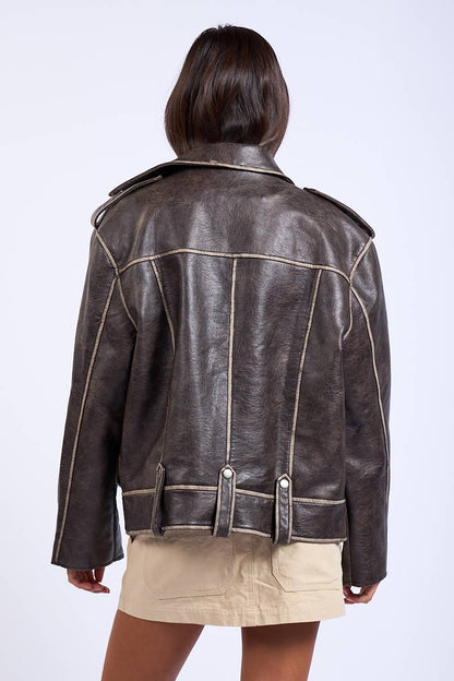 Washed Darkbrown Oversized leather Jacket